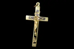 2 1/2" German Nun Pectoral Cross, Circa 1880-1920, Gold-Tone Crucifix with Ebony Wood Inlay and Skull and Crossbones