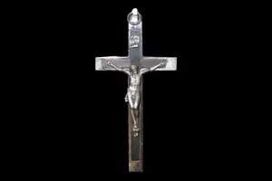 4" German Nun Pectoral Cross, Circa 1880-1920, Silver-Tone Crucifix with Ebony Wood Inlay