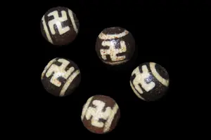 Lot of 5 Himalayan and Tibetan Spiritual Swastika Beads, Left-Facing and Right-Facing, Etched Agate or Chalcedony, Symbolizing Eternity, Wel