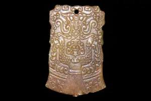 2 1/4" Chinese Jade Pendant, Warring States Period, Upper Portion with Scroll and Dragon or Phoenix Motifs, Lower Portion Reminiscent of Rit