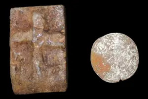 Medieval Crusader-Period Billon Coin with Templar Cross, 12th-14th Century AD, with Passage Tablet, Reportedly Found in a Cache in France an