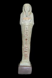6 3/8" Ancient Egyptian Ushabti on 3/4" Modern Stand / Block, Faience and Quartzite, Late Period, Circa 664-332 BCE, with Hieroglyphic Varia