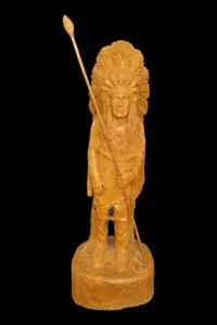 37 3/4" x 12" Hand-Carved Indian Chief with Headdress and Spear, Nice Display Piece
