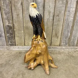 Polychrome Carved Wood Sculpture of a Perched Bald Eagle
