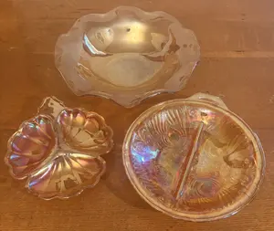 A Trio of Marigold Carnival Glass Tableware