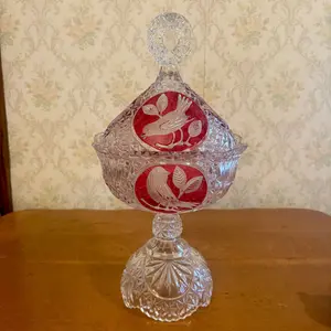 Two Piece Lead Crystal Covered Compote with Ruby Stained Bird Medallions