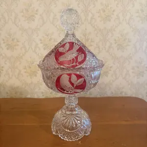 Bohemian Style Cut Crystal Pedestal Compote with Bird Medallions and Domed Lid