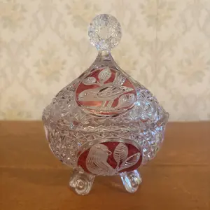 Three Footed Cut Glass Candy Dish With Bird Medallions And Lid