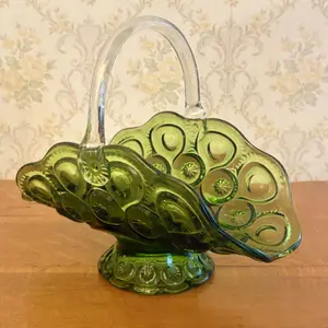 Vintage Olive Green Pressed Glass Moon and Star Pattern Basket with Applied Clear Handle