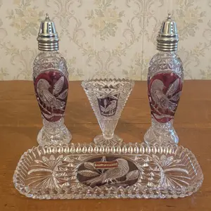A Set of Hofbauer Byrdes Lead Crystal Table Service Pieces with Ruby Stained Medallions