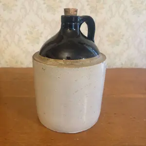 Antique Two Tone Stoneware Beehive Whiskey Jug with Handle and Cork