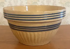 American Banded and Fluted Yellowware Mixing Bowl with Cobalt Blue Stripes
