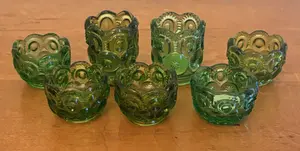 Set 7 Emerald Green Moon & Star Pressed Glass w/ 2 Toothpick Holders & 5 Salt Cellars