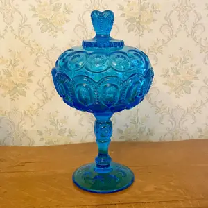 Vintage Blue Pressed Glass Moon and Star Pattern Lidded Compote