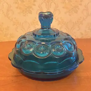 A Blue Moon and Star Pattern Pressed Glass Covered Dish