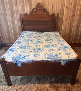 Victorian Style Full Size Walnut Bed Frame with Carved Fretwork Headboard