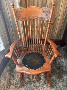 American Antique Carved Oak Press-Back Rocking Chair with Embossed Seat