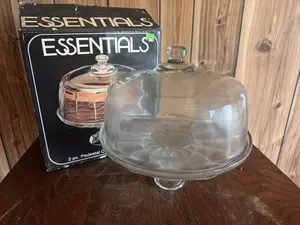 Essentials Clear Glass Two Piece Pedestal Cake Stand with Dome Lid and Original Box