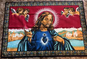 Large Mid-Century Textile Wall Hanging of the Sacred Heart of Jesus