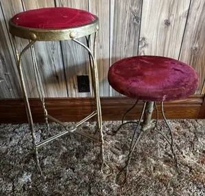 Two Vintage Metal Twisted Wire Stools with Red Upholstery