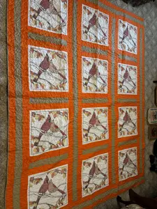 Large Hand Embroidered and Machine Quilted Cardinal Themed Bed Coverlet
