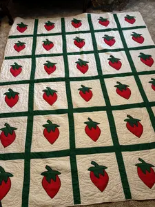 Large Handmade Strawberry Motif Applique Quilt