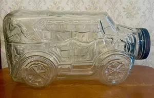 Large Vintage Figural Clear Pressed Glass Automobile Jar with Metal Lid