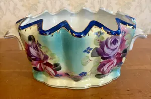 Large Hand Painted Porcelain Centerpiece Bowl with Scalloped Rim and Gilded Handles