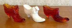 Trio of Fenton Glass Slipper Figurines in Hobnail and Daisy and Button Patterns