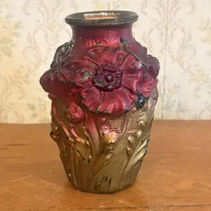 Vintage Pressed Art Glass Vase with High Relief Poppy Motif and Metallic Cold Painted Finish