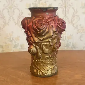 Antique Molded Goofus Glass Rose Motif Cabinet Vase