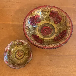 Two Pieces of American Goofus Glass Including a Large Rose Pattern Bowl and a Small Floral Dish