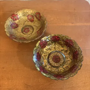 A Pair of American Goofus Glass Bowls with Wild Rose and Nasturtium Patterns