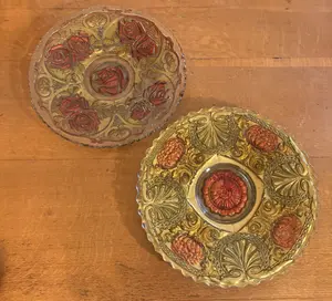 Two American Goofus Glass Plates in Rose and Dahlia Patterns
