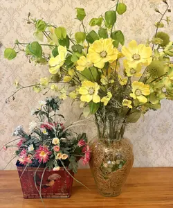 Two Artificial Floral Arrangements in Glass Vase and Decorative Metal Planter