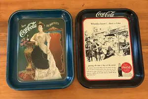 Two Coca Cola Commemorative and Nostalgic Series Lithographed Metal Advertising Trays