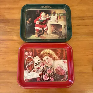 Two Vintage Coca-Cola Metal Serving Trays Hilda Clark and Santa Claus Jimmy