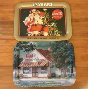 Pair Coca-Cola Litho Tin Trays w/ Big Bear 50th Anniversary & Jim Harrison Old Country Store
