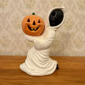 Vintage Ceramic Light Up Ghost Holding Jack O Lantern Halloween Figurine