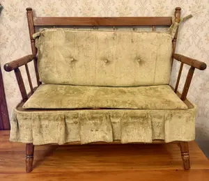 Vintage American Colonial Revival Style Wooden Settee Storage Bench with Olive Green Upholstery