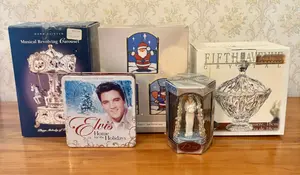 Fifth Avenue Crystal, Carlton Cards Princess Diana Figurine & Elvis Presley Tin