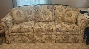 Broyhill Floral Tapestry Upholstered Three Cushion Sofa with Exposed Wood Trim