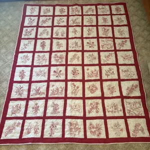 Large Handmade Redwork Embroidery Quilt with Floral and Animal Motifs