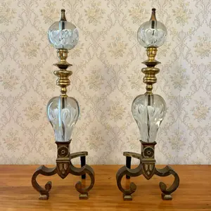 Pair of Brass and Glass Floral Paperweight Andirons