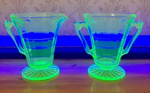 A Pair of Green Depression Glass Block Optic Footed Creamer and Sugar Bowl