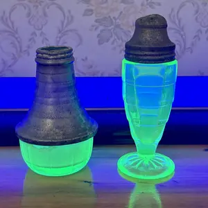 Two Pieces of Pressed Green Uranium Glass Tableware Including a Salt Shaker