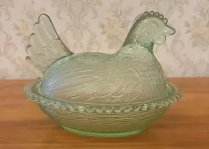 Vintage Translucent Green Pressed Glass Hen on Nest Covered Dish