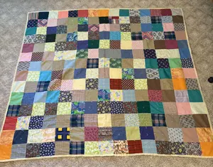 Large Mid-Century Patchwork Hand Tied Scrap Quilt