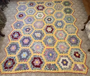 Large Mid-Century Grandmother Flower Garden Hand Stitched Cotton Patchwork Quilt