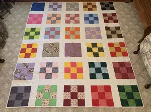Large Multi-Color Cotton Nine-Patch Machine Quilted Bedspread